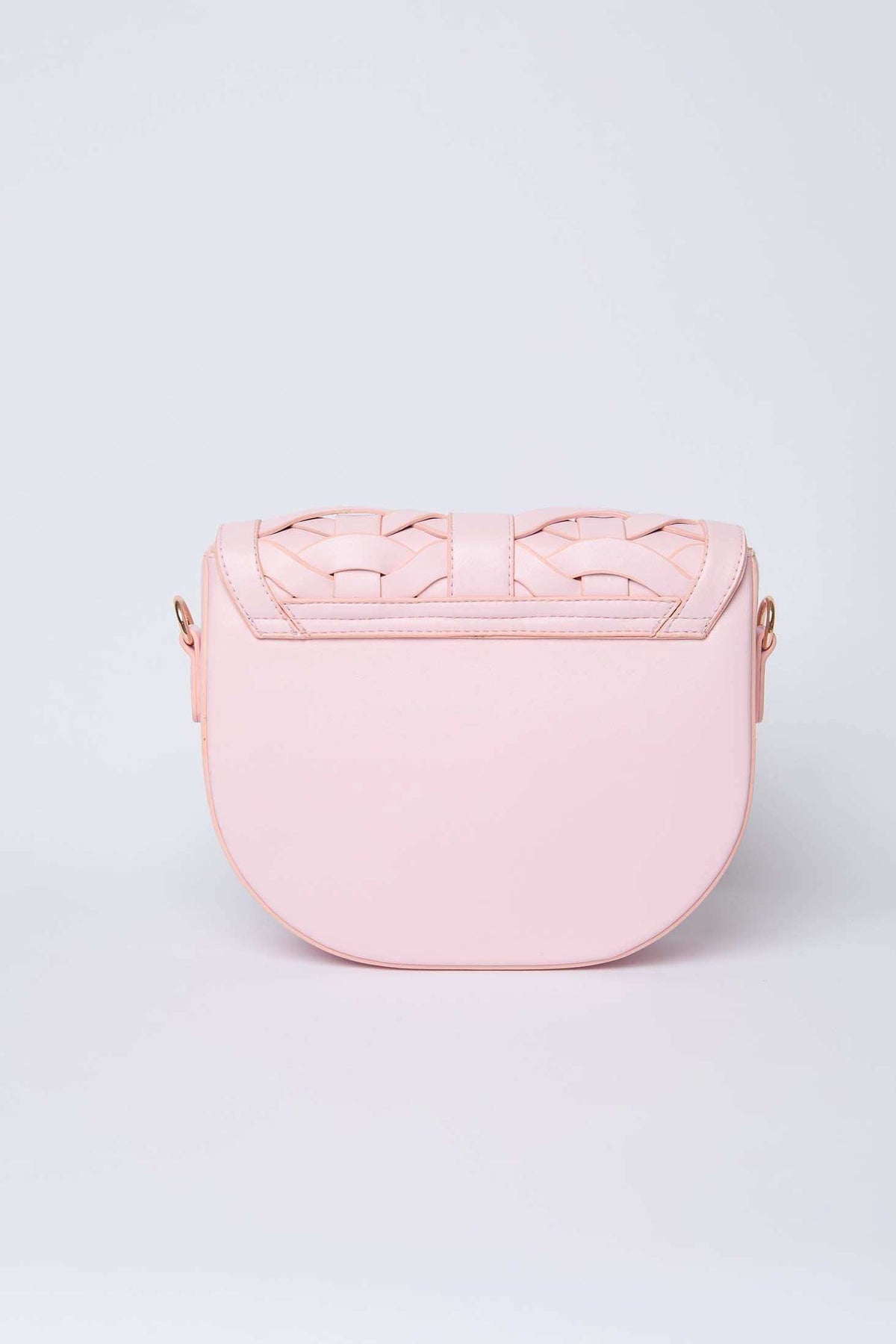 Pastel pink woven leather crossbody bag from Dalydress on plain background