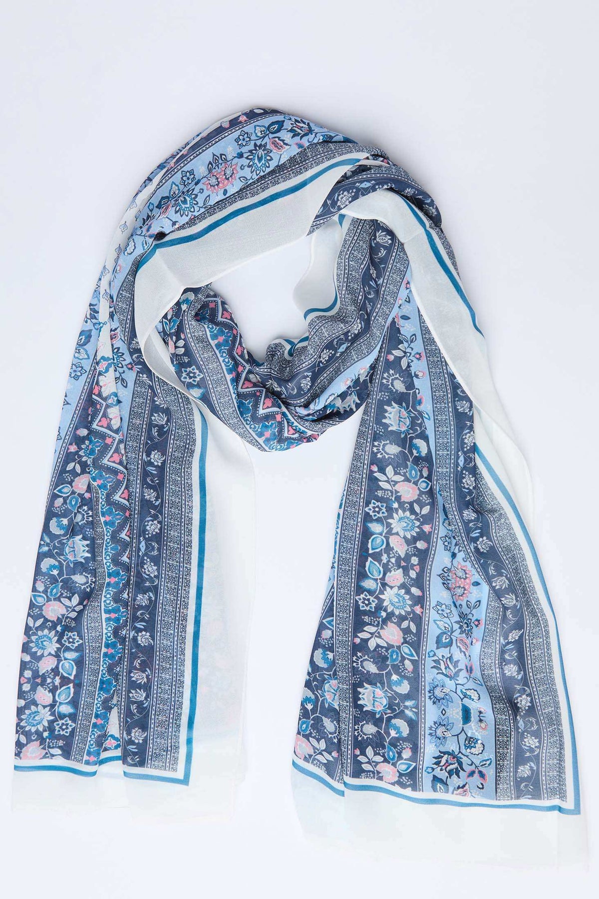 Dalydress women's scarf with blue and white floral print, lightweight fashion accessory