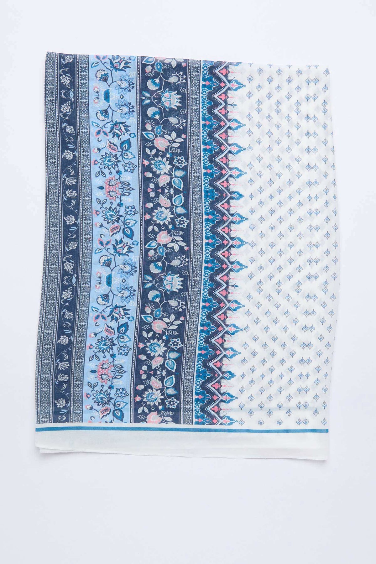 Dalydress women's scarf with blue, pink, and white geometric and floral patterns