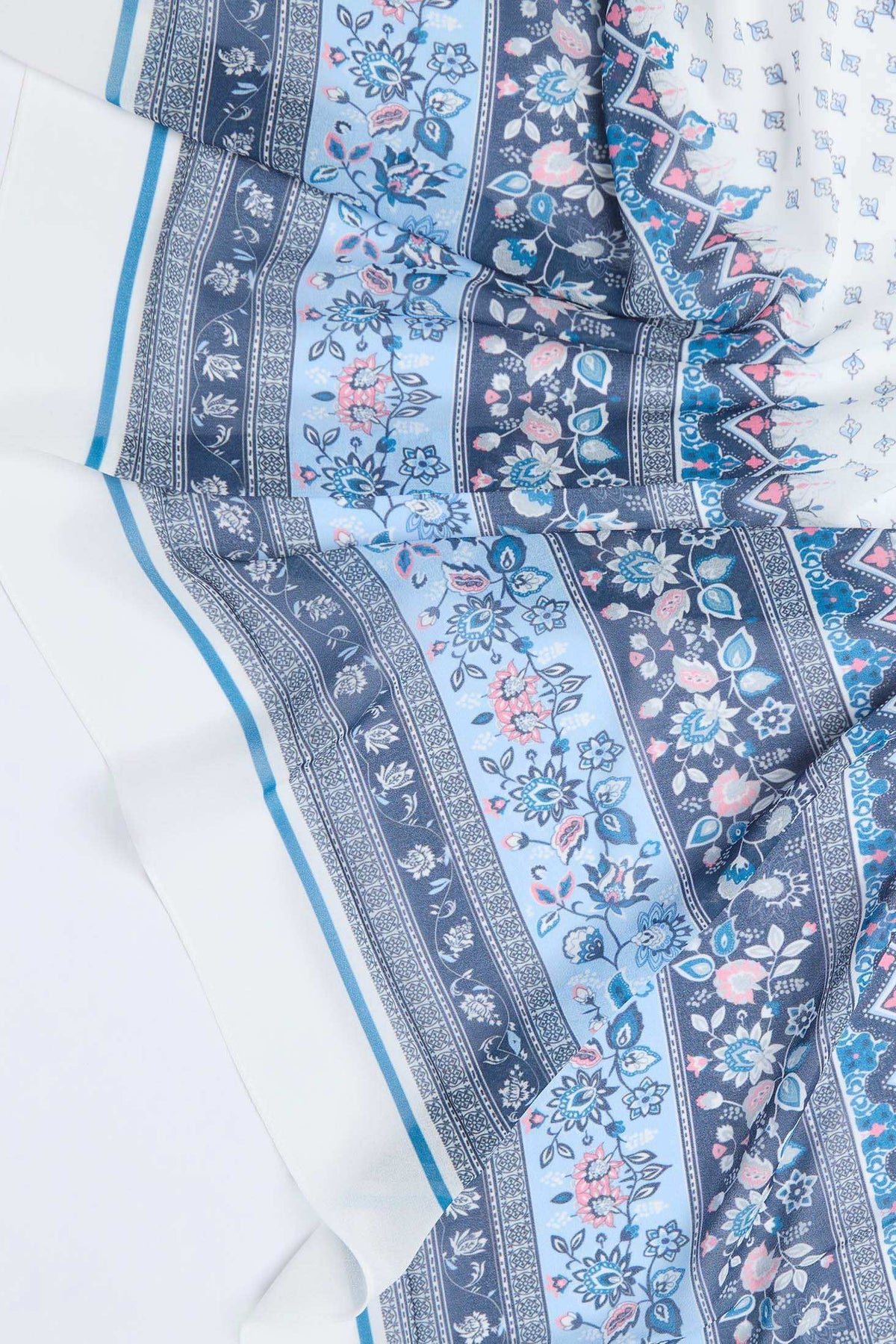 Dalydress blue and white floral patterned scarf with geometric border, Egyptian fashion
