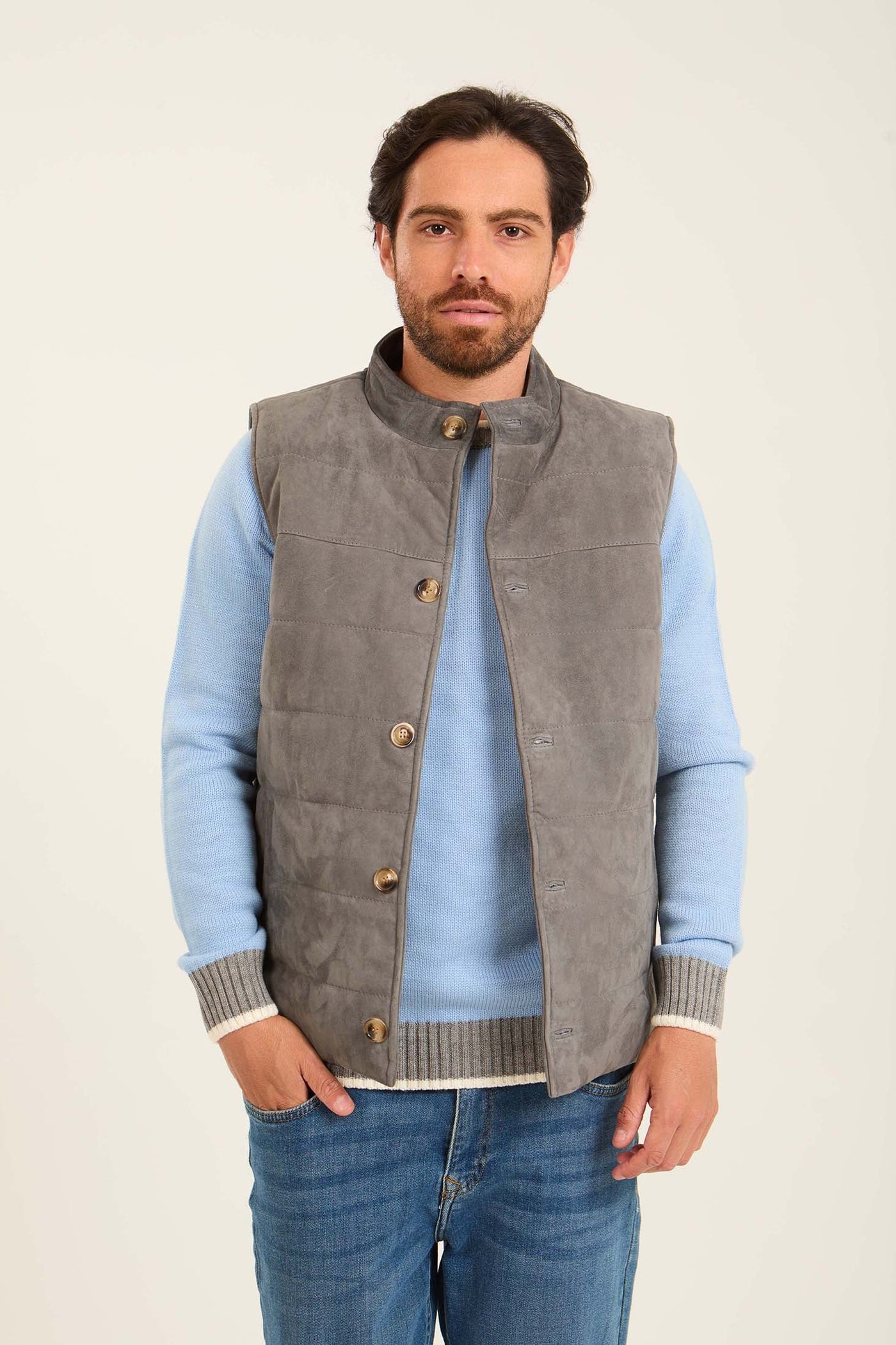 Men Suede Genuine Leather Vest - Grey