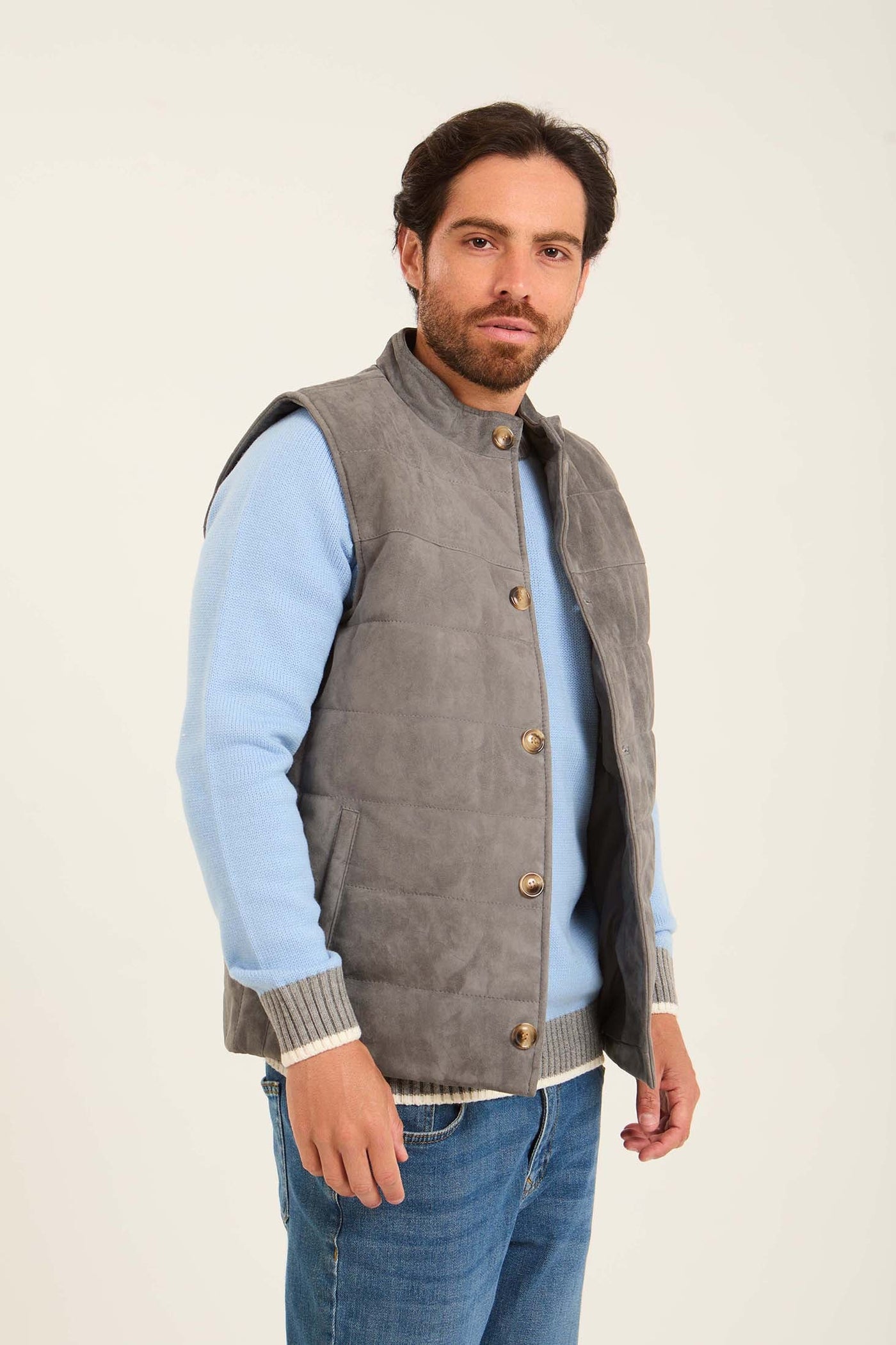 Men Suede Genuine Leather Vest - Grey