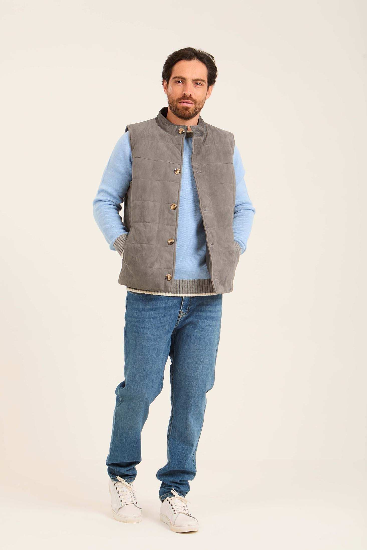 Men Suede Genuine Leather Vest Grey