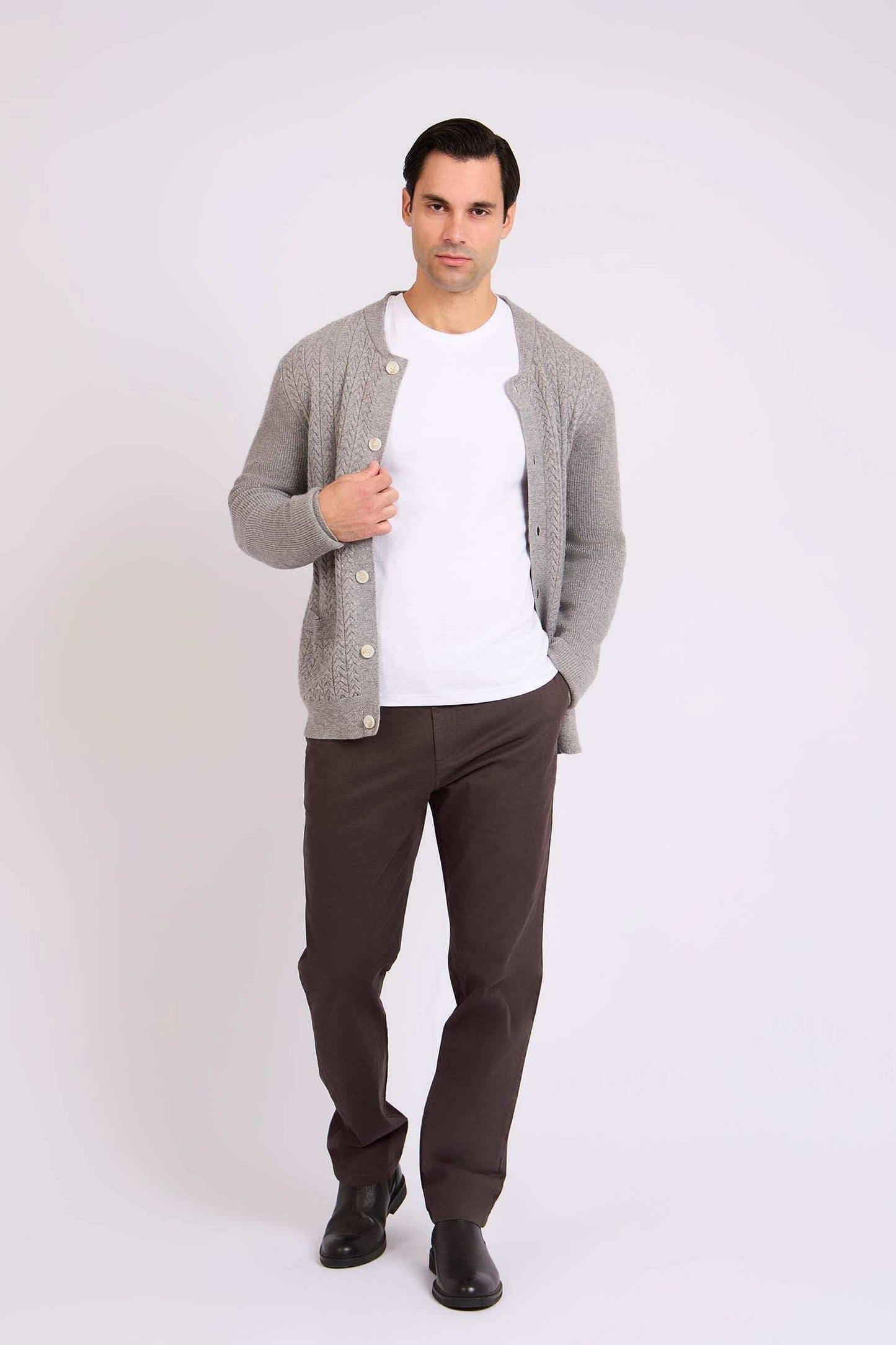 Men Cardigan Cable Grey