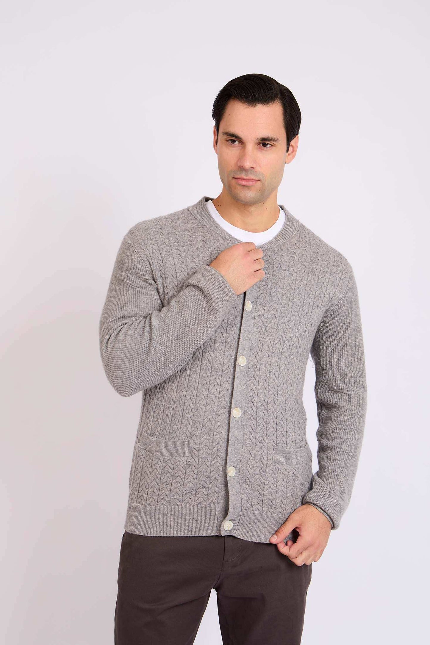 Men Cardigan Cable Grey