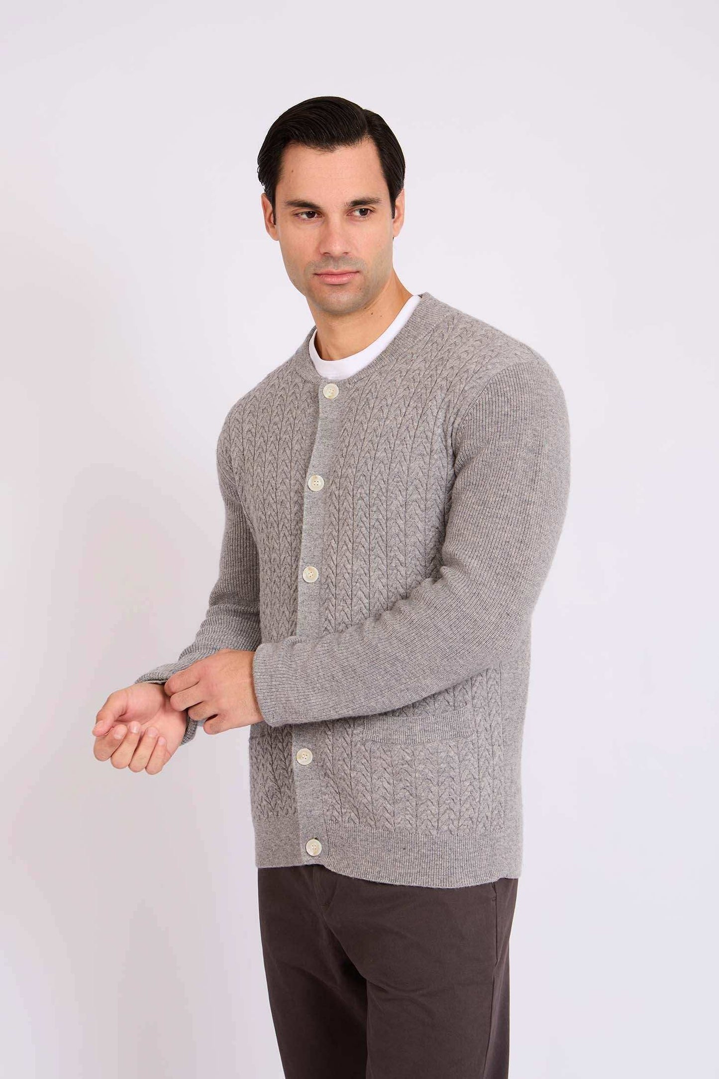 Men Cardigan Cable Grey