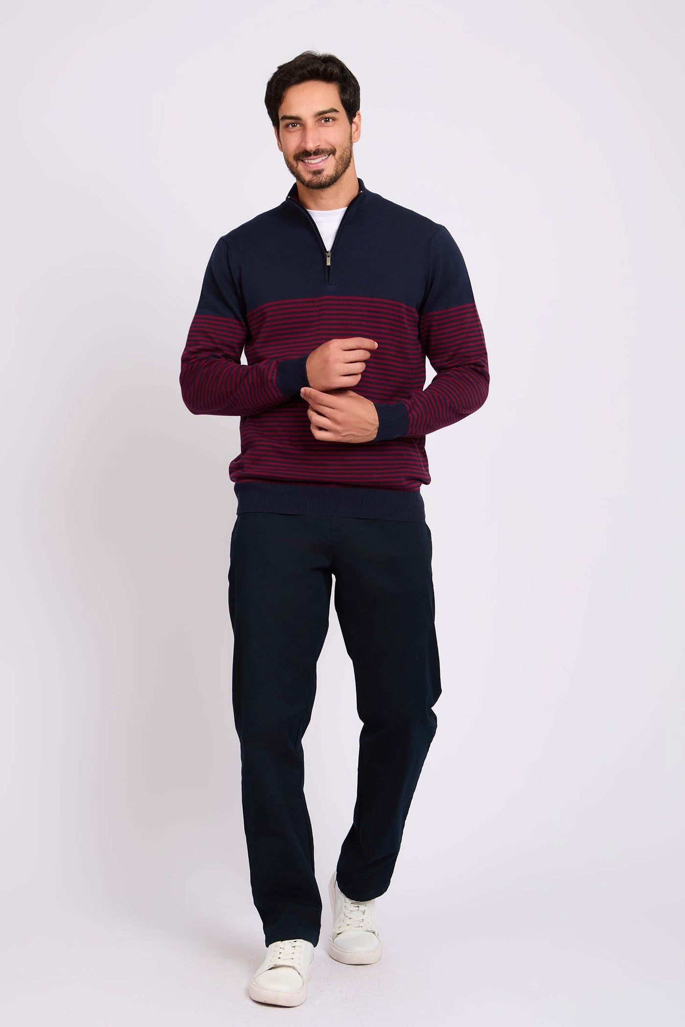 Men Quarter Zip Stripe Pullover - Cotton - Multicolor