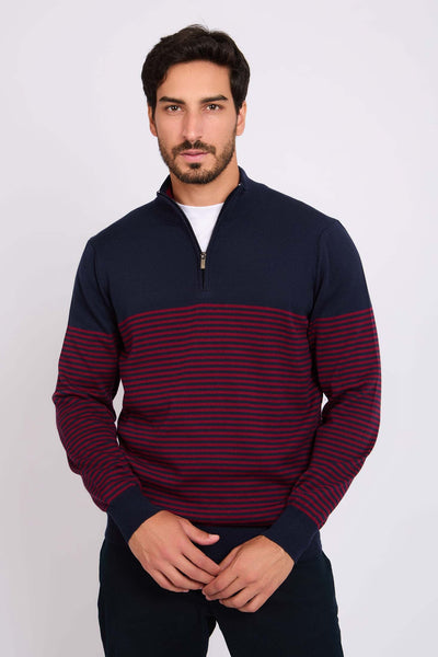 Men Quarter Zip Stripe Pullover - Cotton - Multicolor