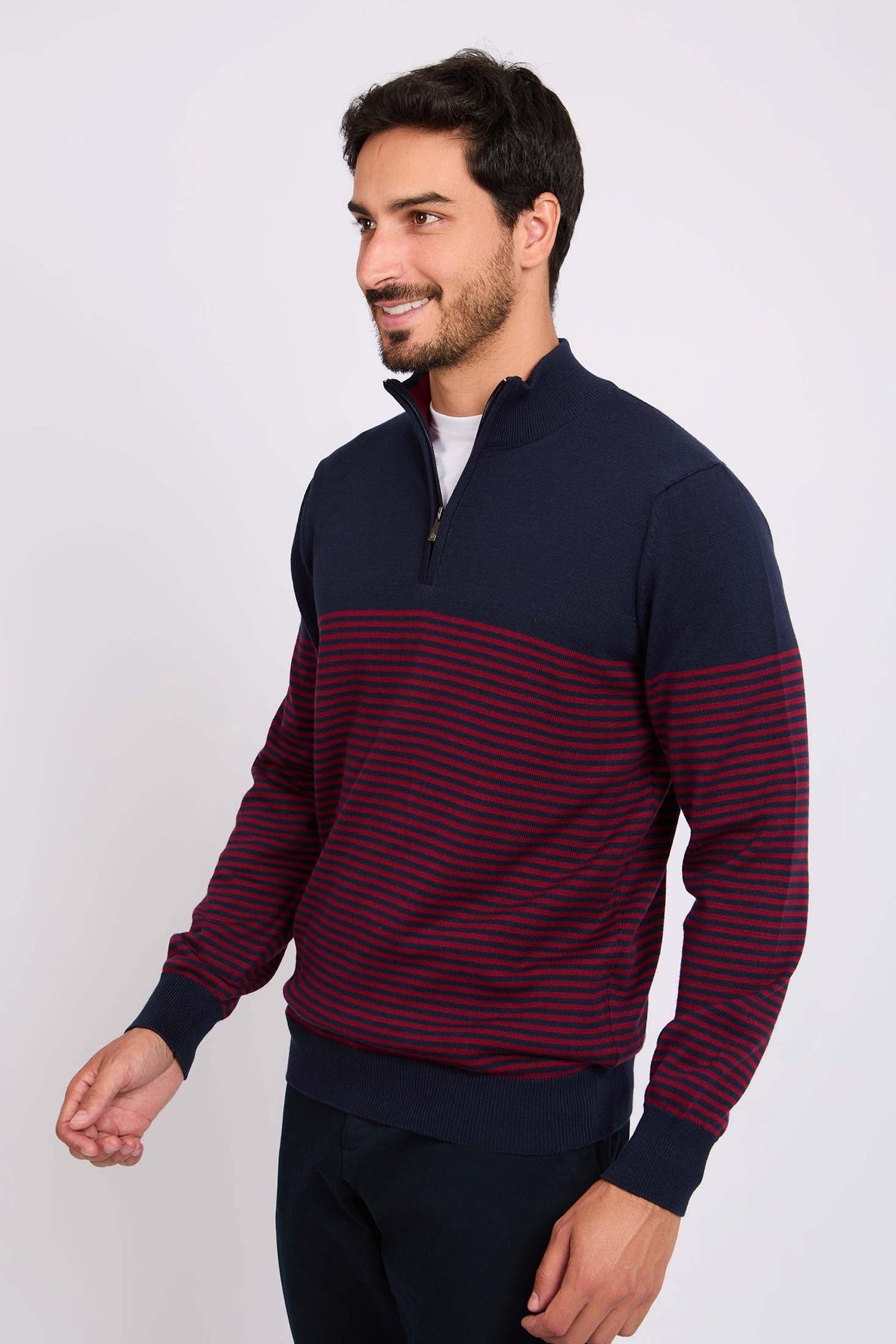 Men Quarter Zip Stripe Pullover - Cotton - Multicolor