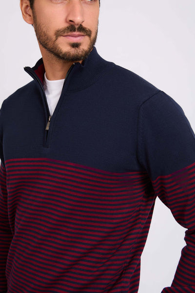 Men Quarter Zip Stripe Pullover - Cotton - Multicolor