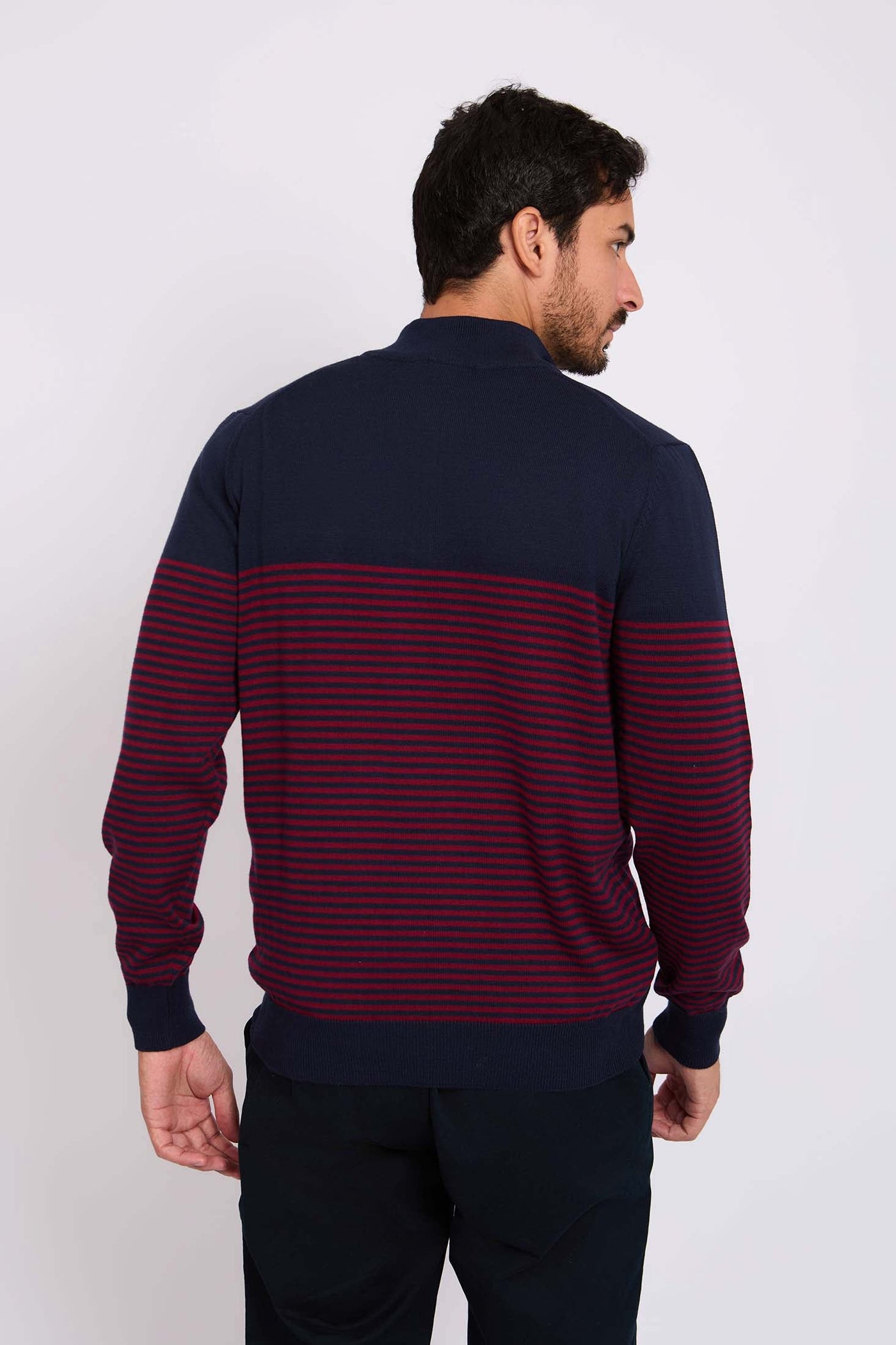 Men Quarter Zip Stripe Pullover - Cotton - Multicolor