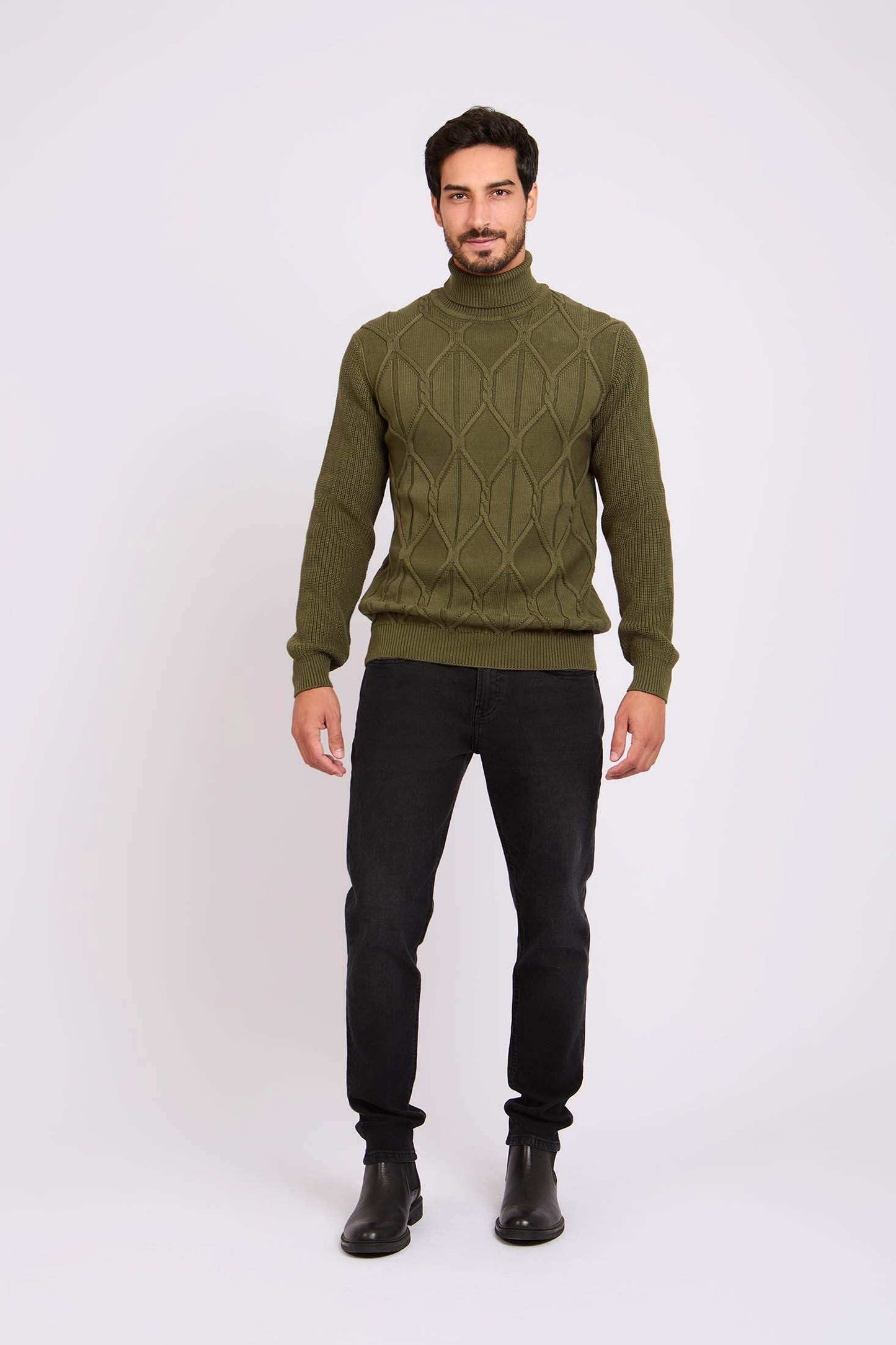 Men High Neck Cable Pullover Cotton Green
