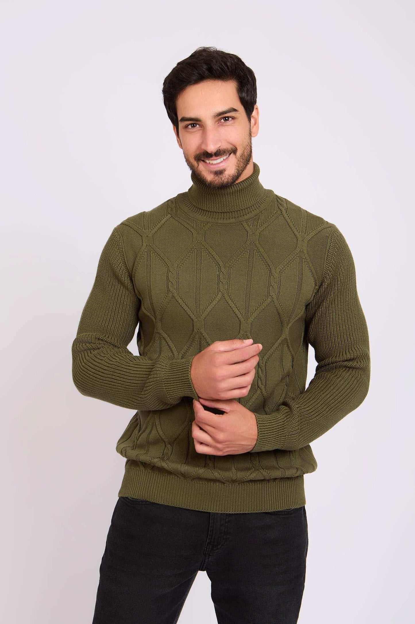 Men High Neck Cable Pullover Cotton Green