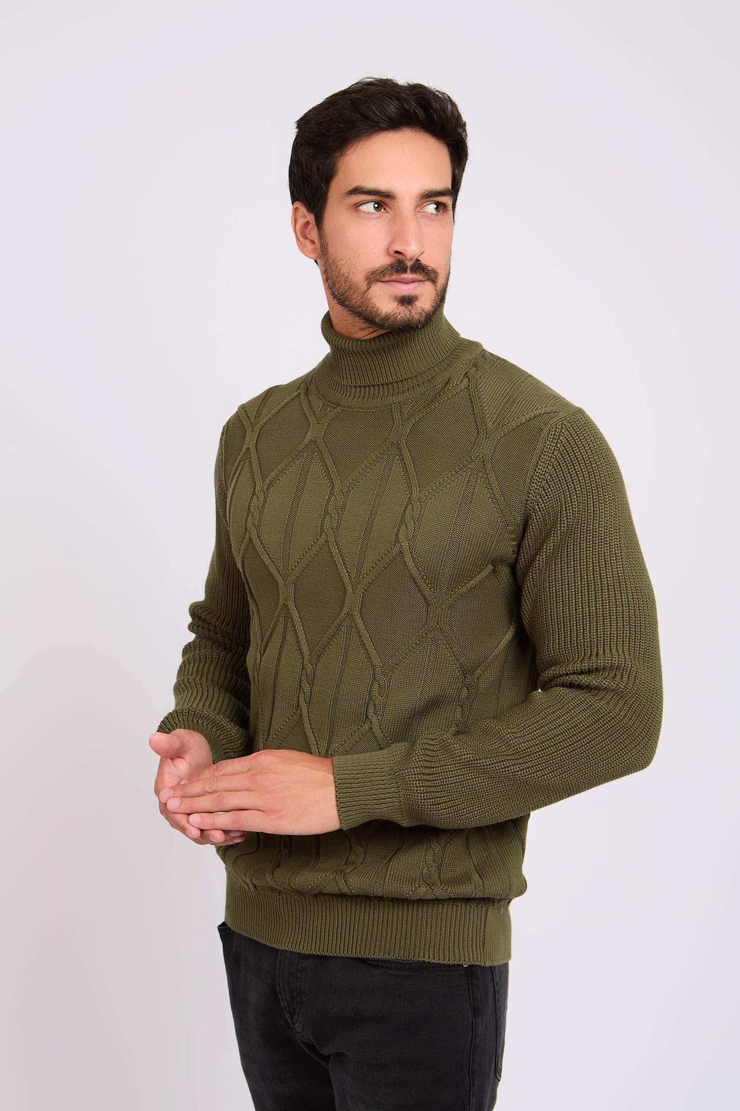 Men High Neck Cable Pullover Cotton Green