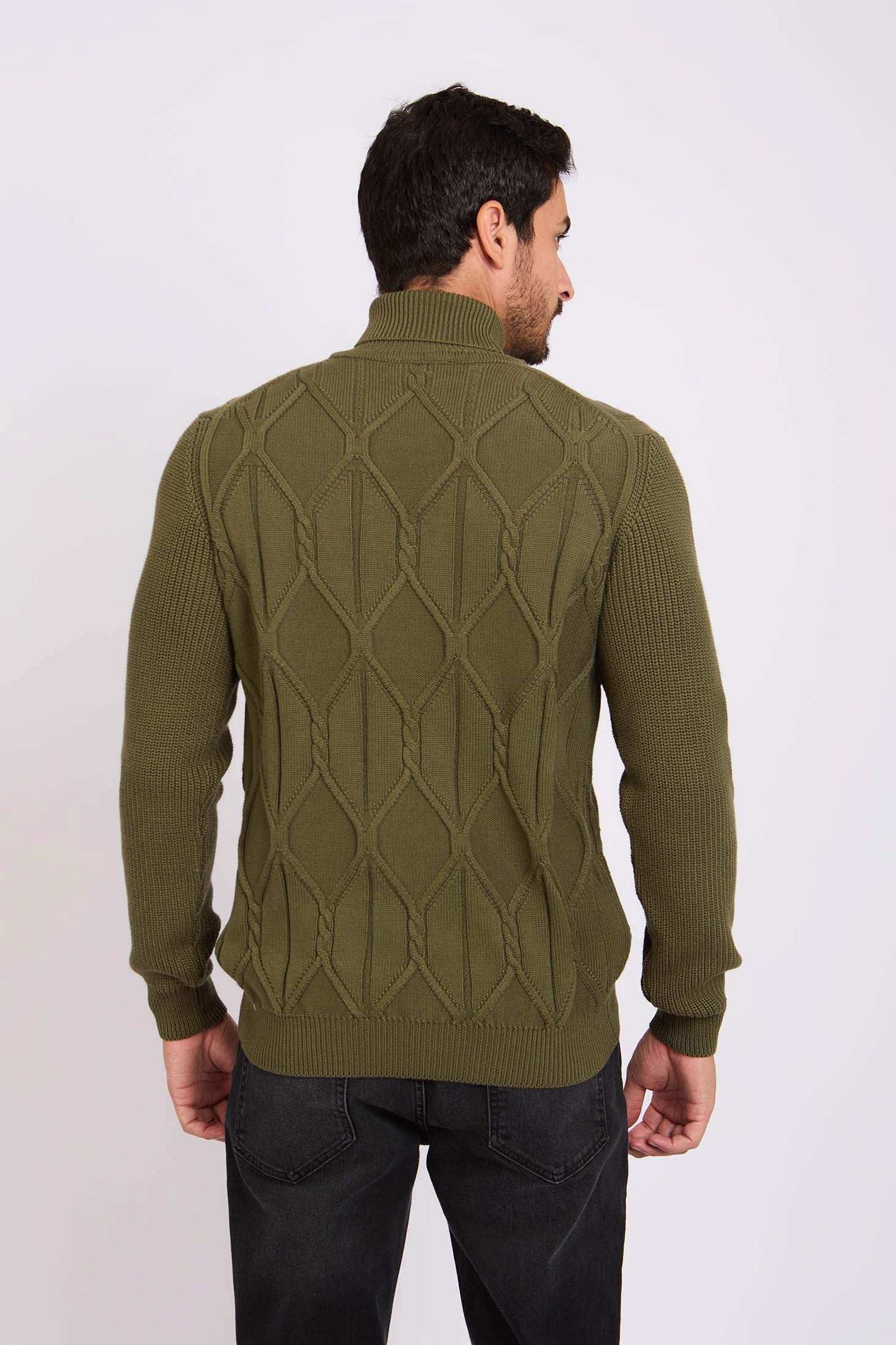 Men High Neck Cable Pullover Cotton Green