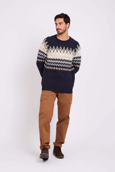 Men Crew Neck Jacquard Pullover - Cotton - Multicolor