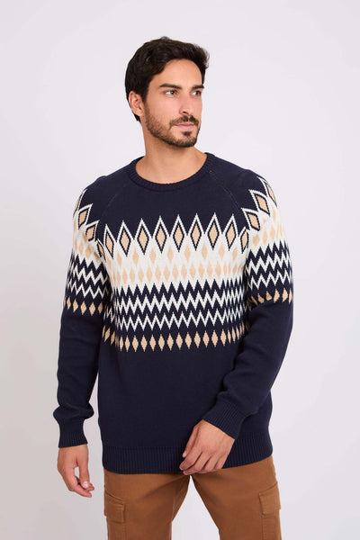 Men Crew Neck Jacquard Pullover - Cotton - Multicolor