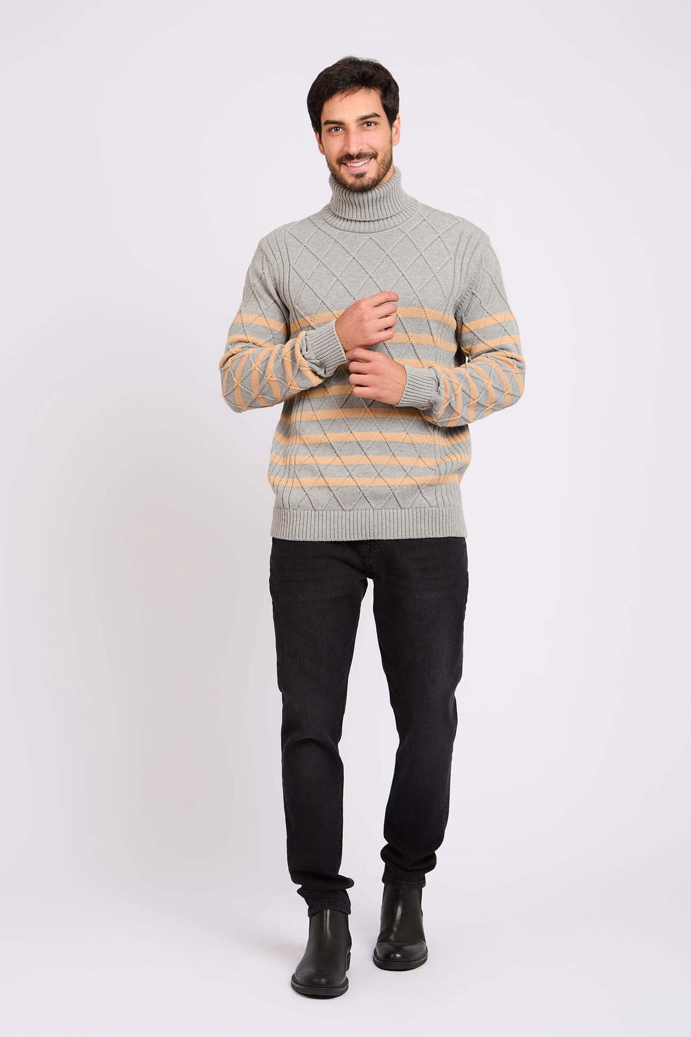 Men High Neck Cable Stripe Pullover - Cotton - Grey