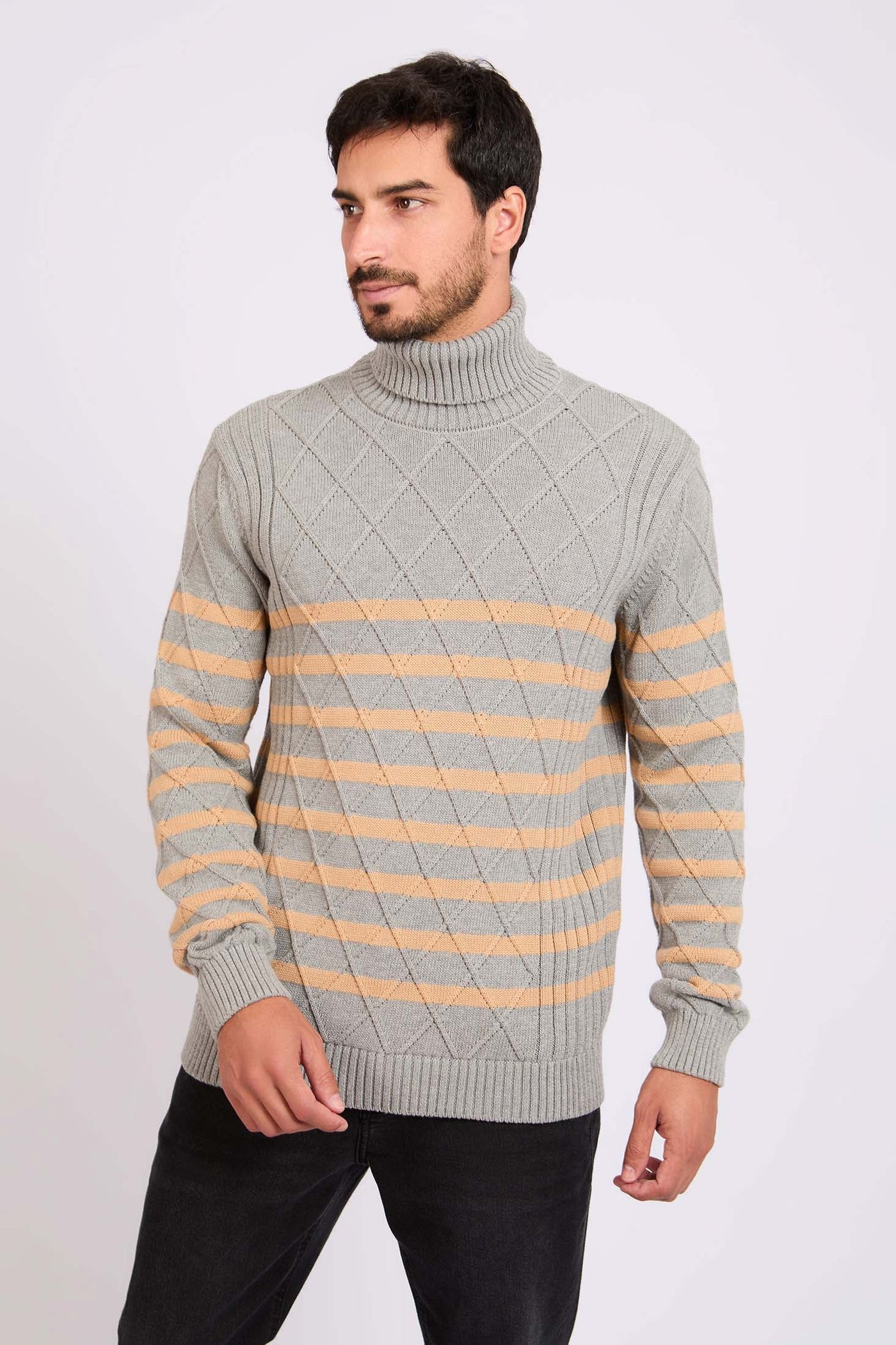 Men High Neck Cable Stripe Pullover - Cotton - Grey