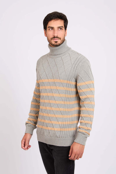 Men High Neck Cable Stripe Pullover - Cotton - Grey