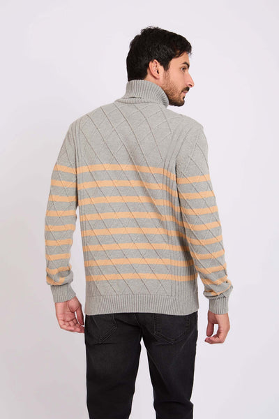 Men High Neck Cable Stripe Pullover - Cotton - Grey