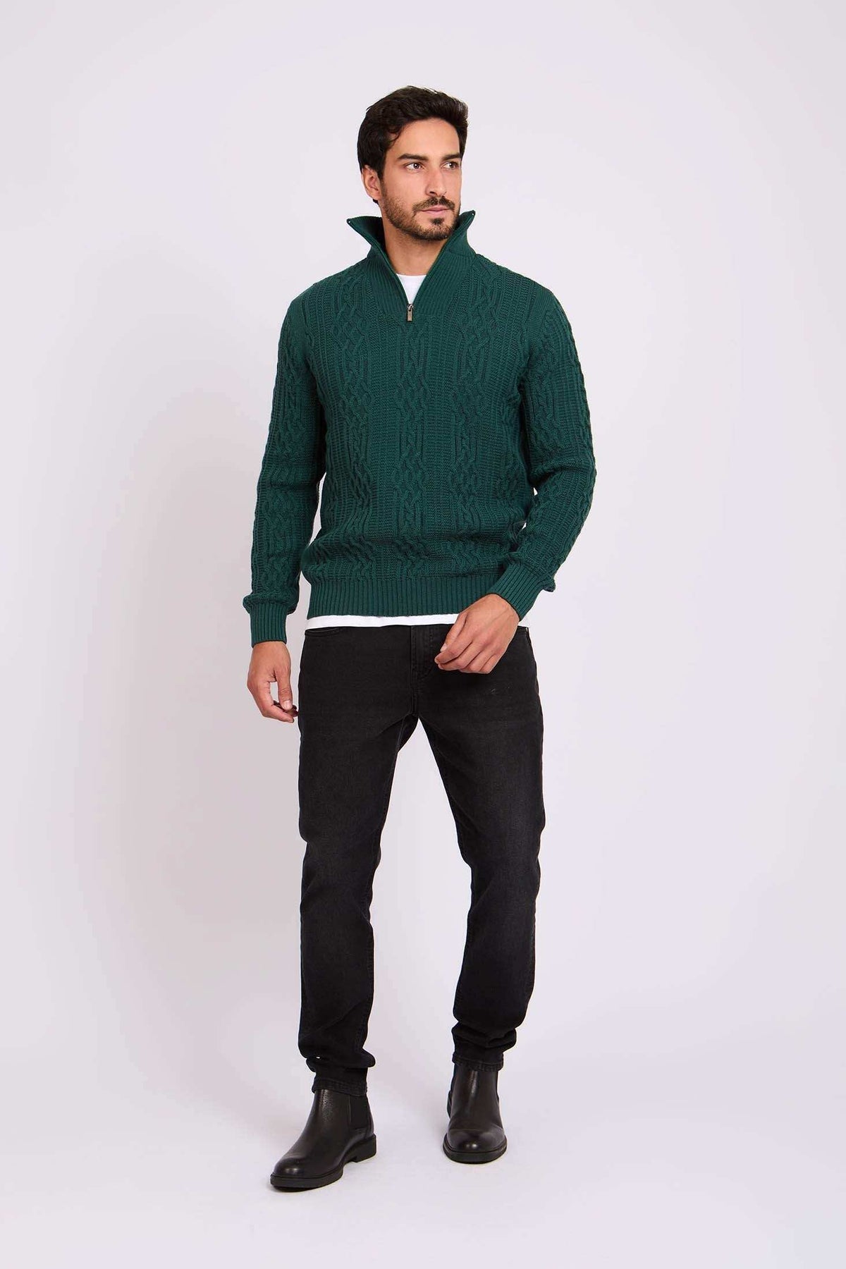 Men Pullover Mock Neck Zipper Cable Green