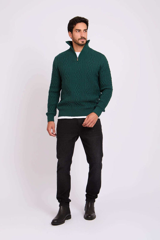 Men Pullover Mock Neck Zipper Cable Green
