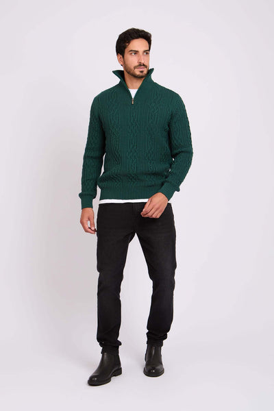 Men Pullover Mock Neck Zipper Cable Green