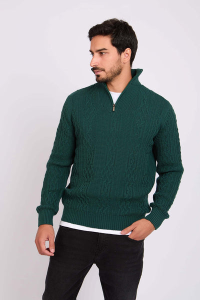 Men Pullover Mock Neck Zipper Cable Green