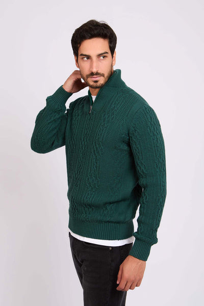 Men Pullover Mock Neck Zipper Cable Green