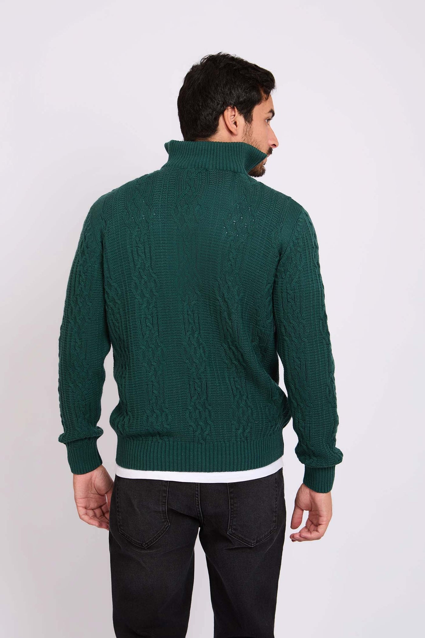 Men Pullover Mock Neck Zipper Cable Green