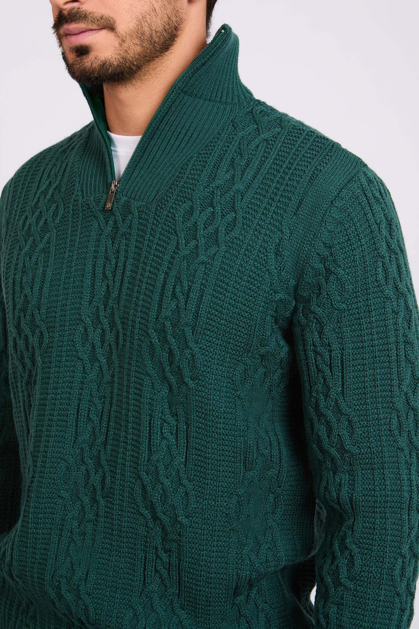 Men Pullover Mock Neck Zipper Cable Green