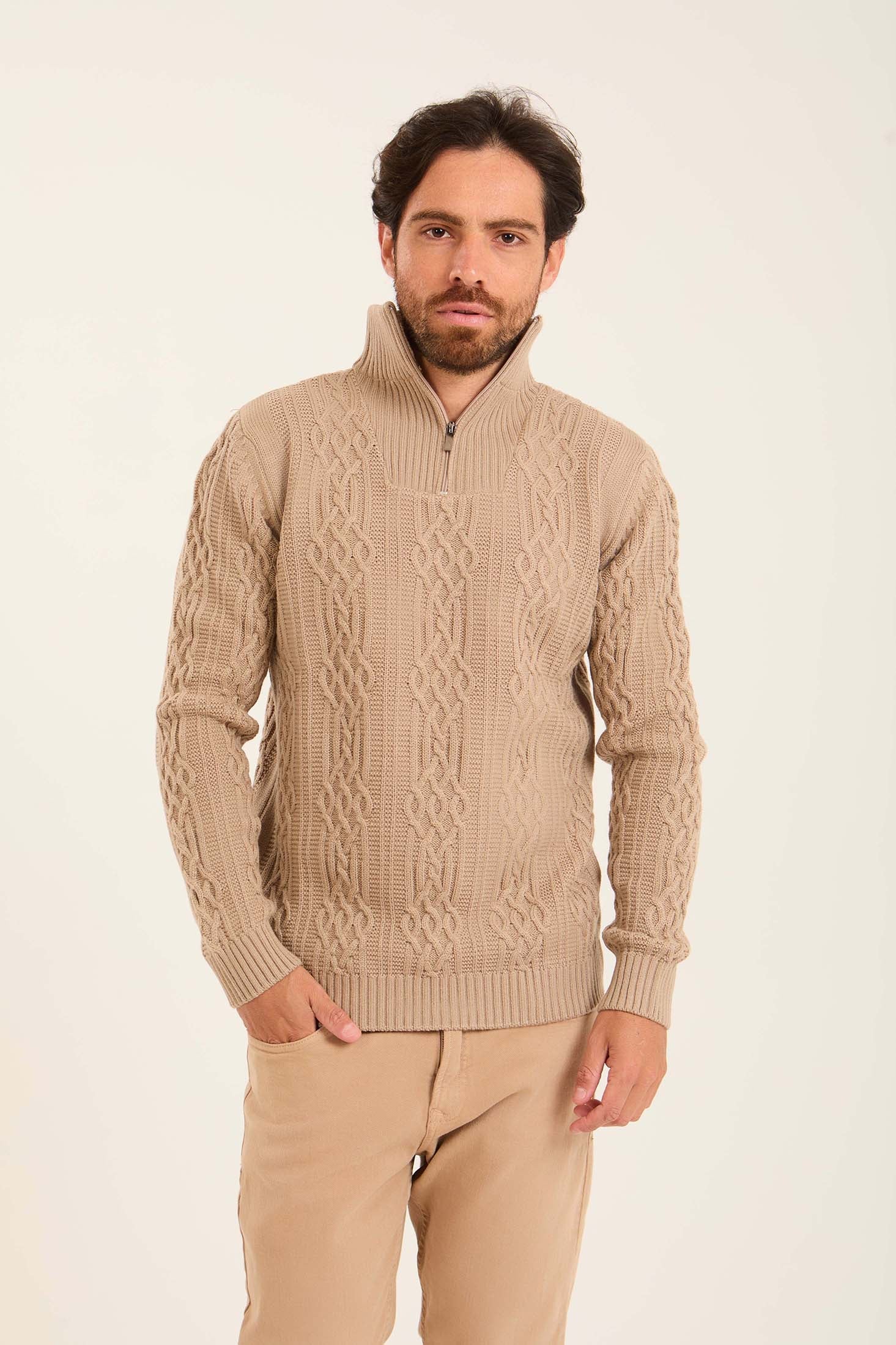 Men Quarter Zip Turtle Neck Pullover Beige