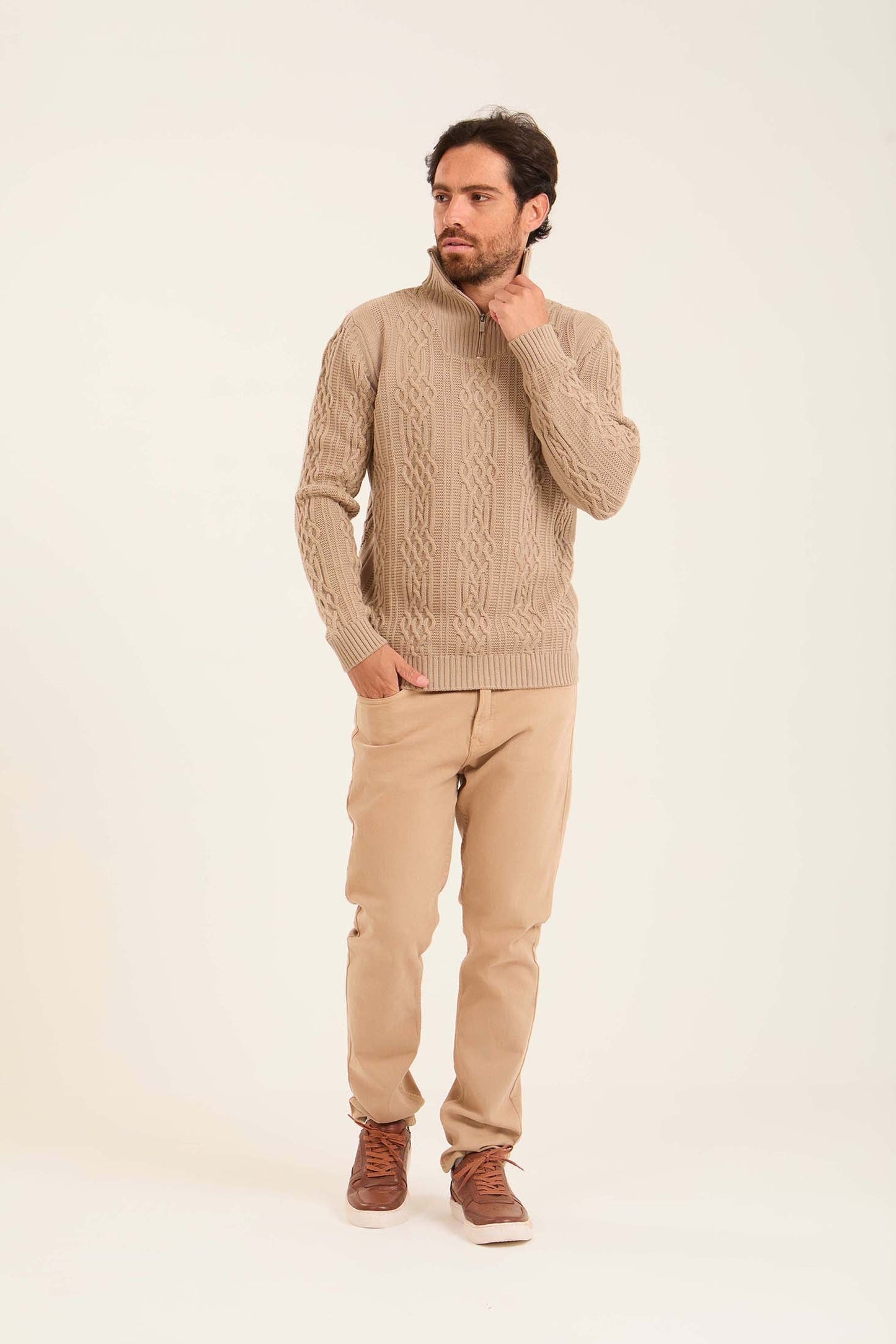 Men Quarter Zip Turtle Neck Pullover Beige
