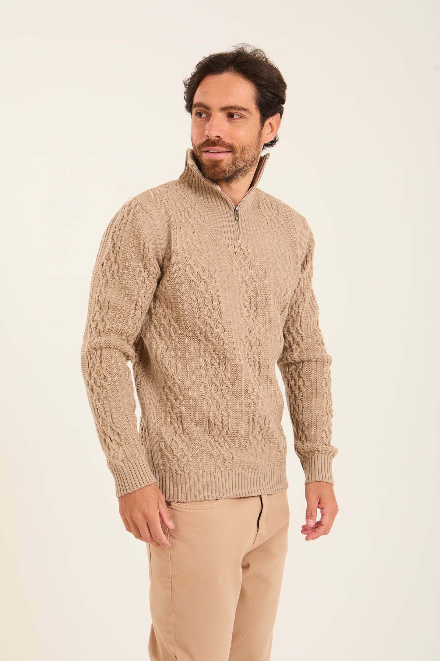 Men Quarter Zip Turtle Neck Pullover Beige