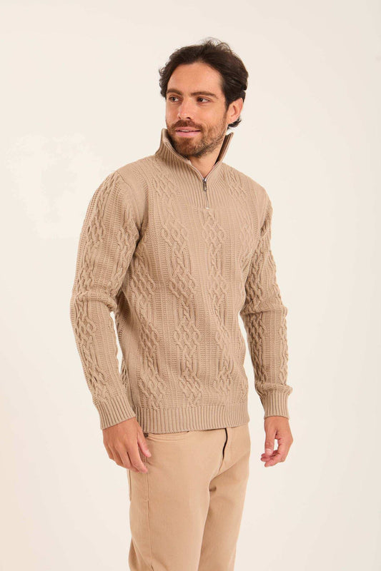 Men Quarter Zip Turtle Neck Pullover Beige