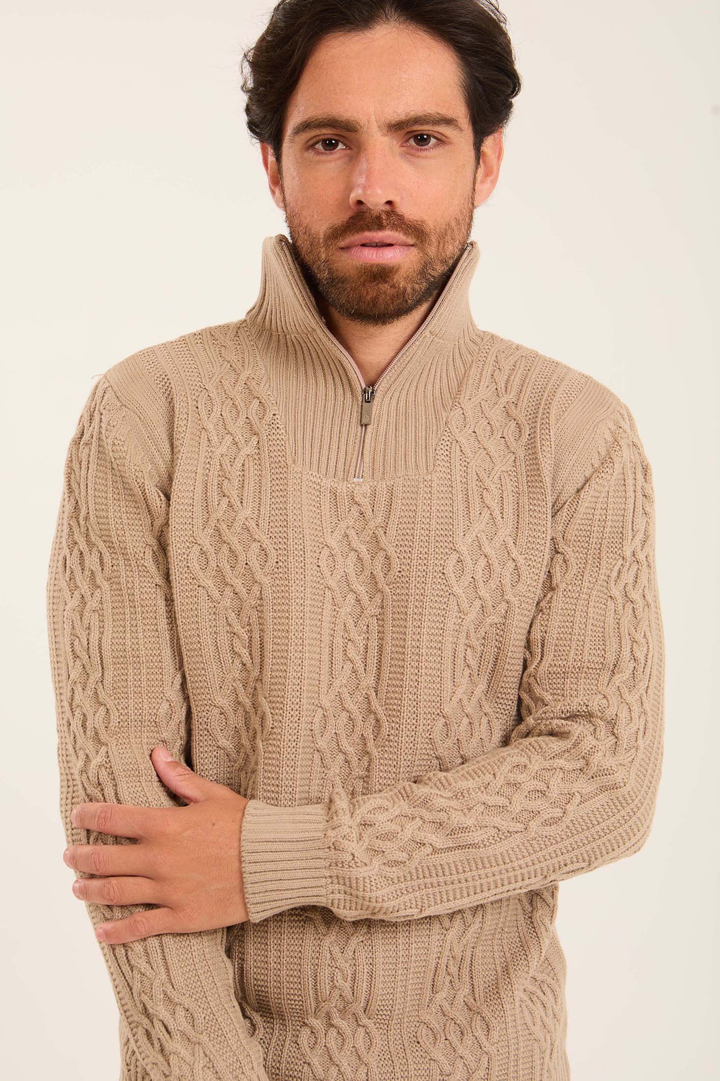 Men Quarter Zip Turtle Neck Pullover Beige