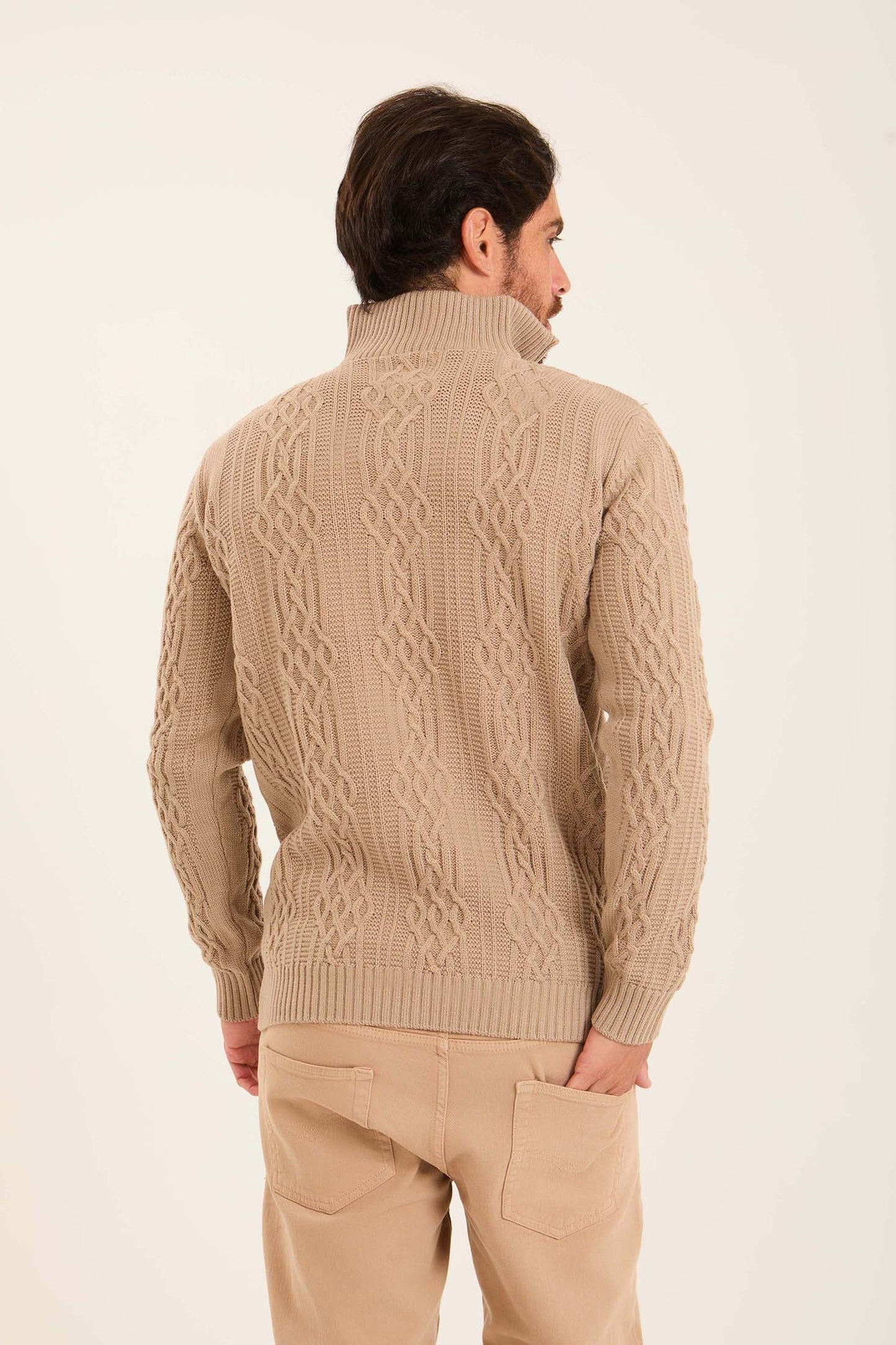 Men Quarter Zip Turtle Neck Pullover Beige