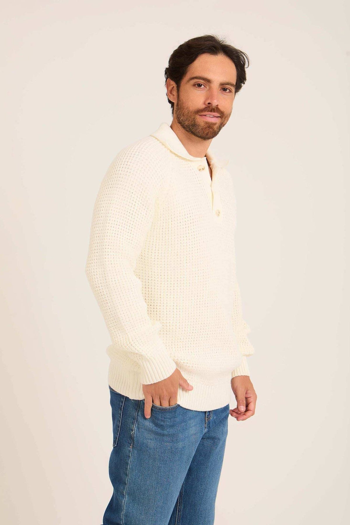 Men Mock Neck Pullover with Buttons Off White