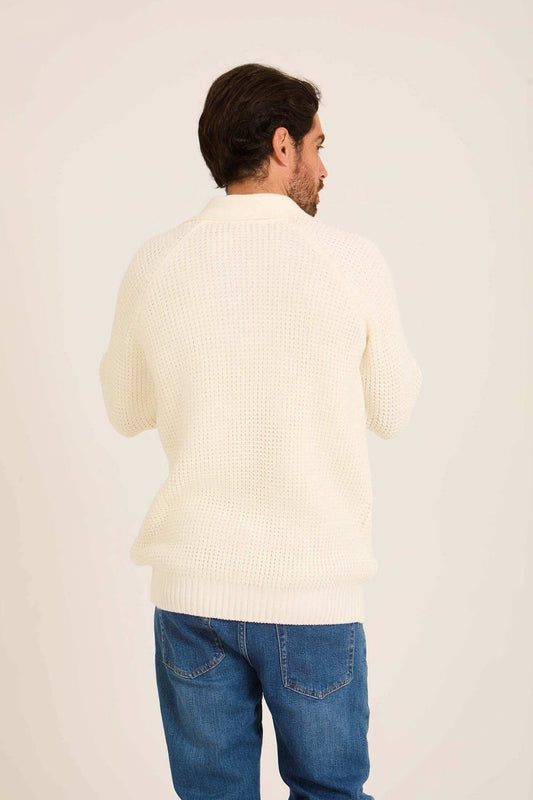 Men Mock Neck Pullover with Buttons Off White