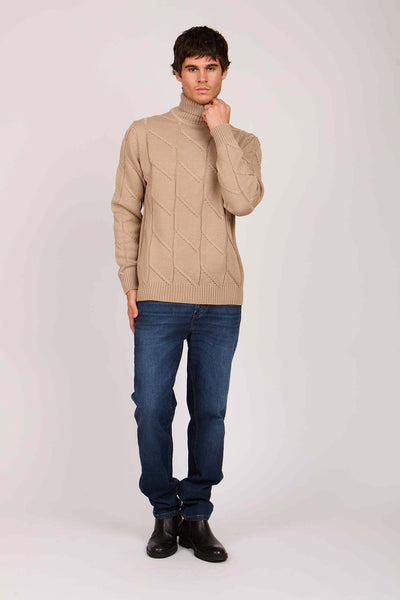 Men High Neck Cable Pullover - Beige