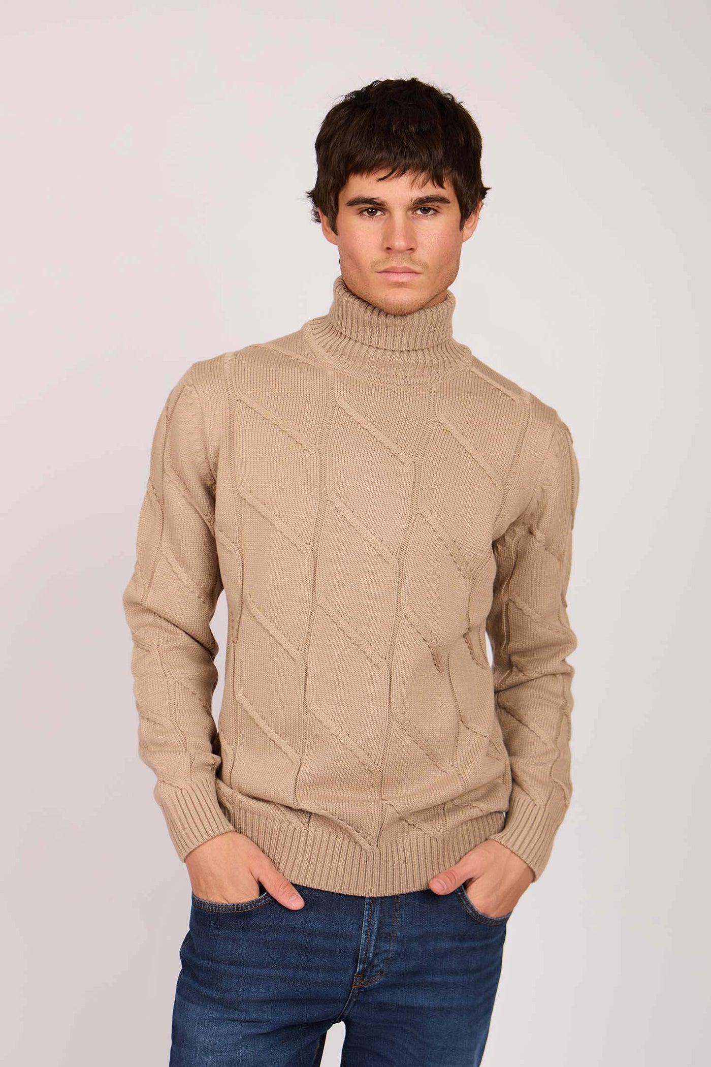 Men High Neck Cable Pullover - Beige