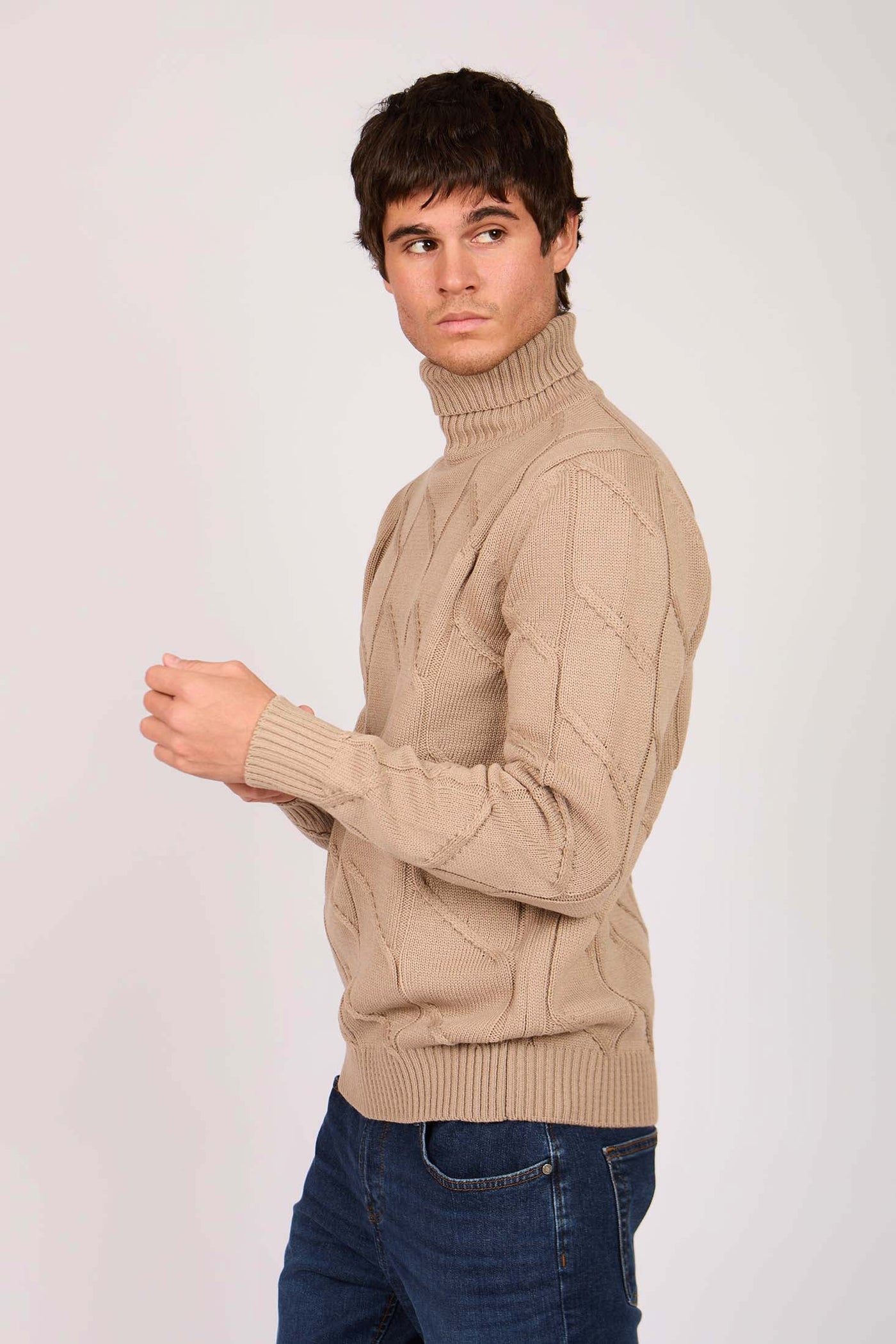 Men High Neck Cable Pullover - Beige