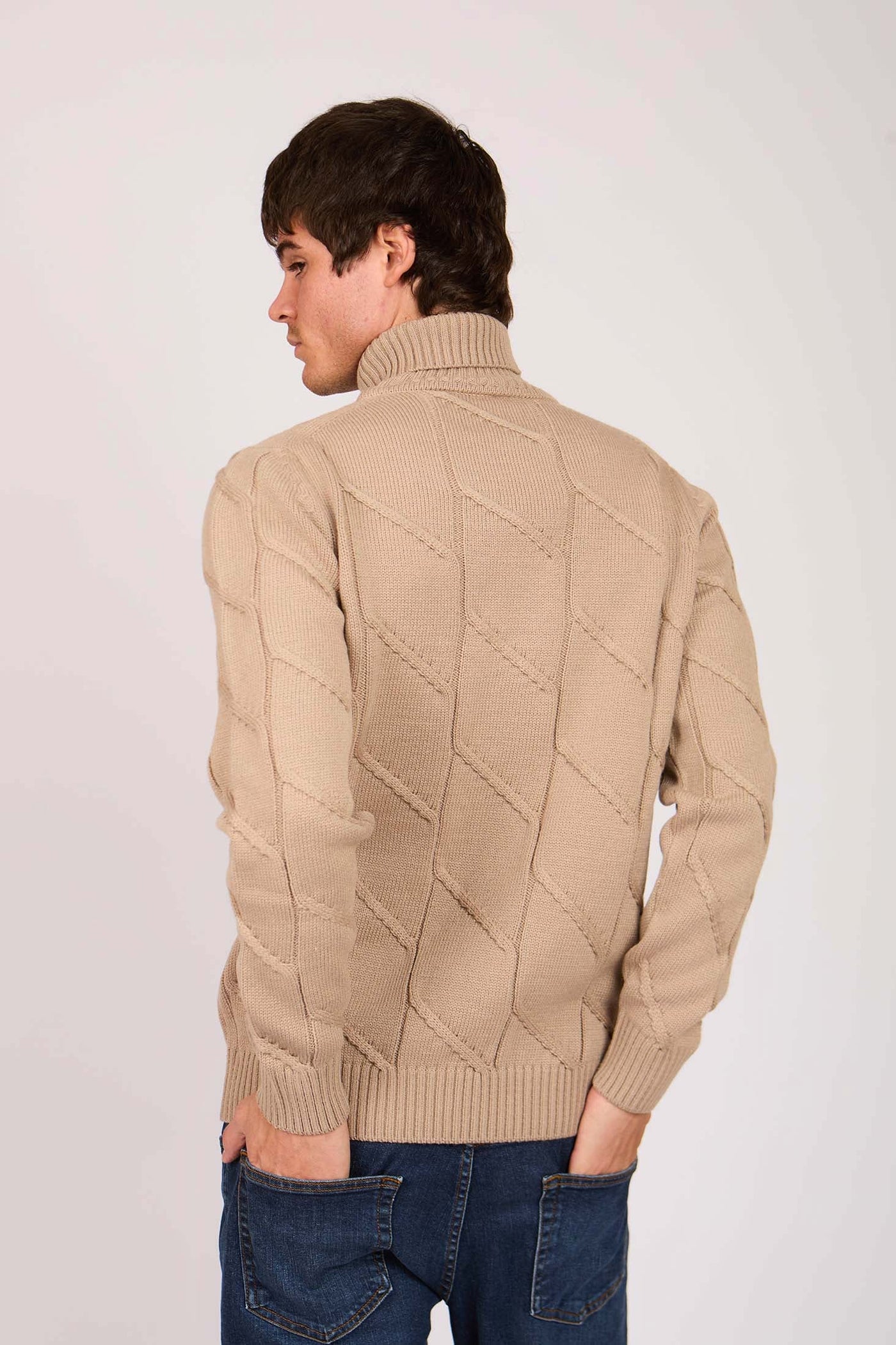 Men High Neck Cable Pullover - Beige