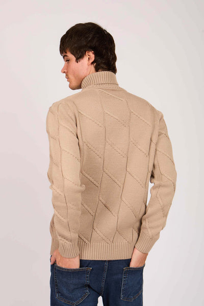 Men High Neck Cable Pullover - Beige