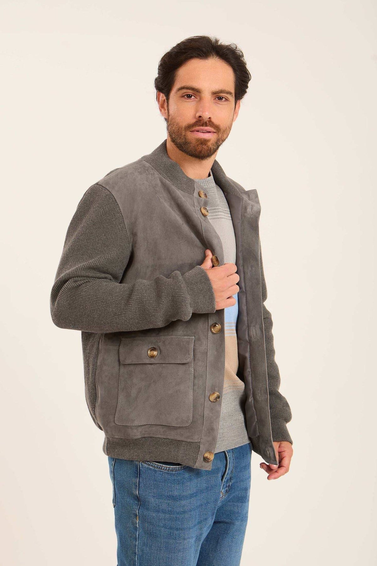 Men Suede Genuine Leather Jacket Grey