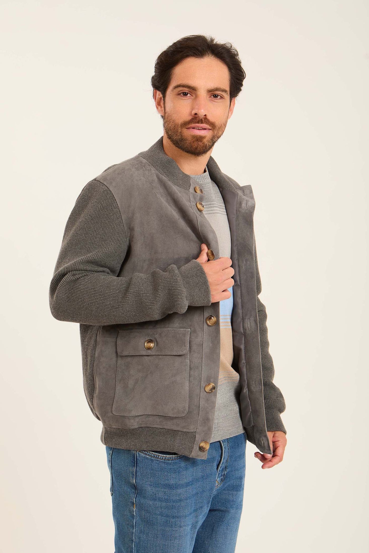 Men Suede Genuine leather Jacket - Grey