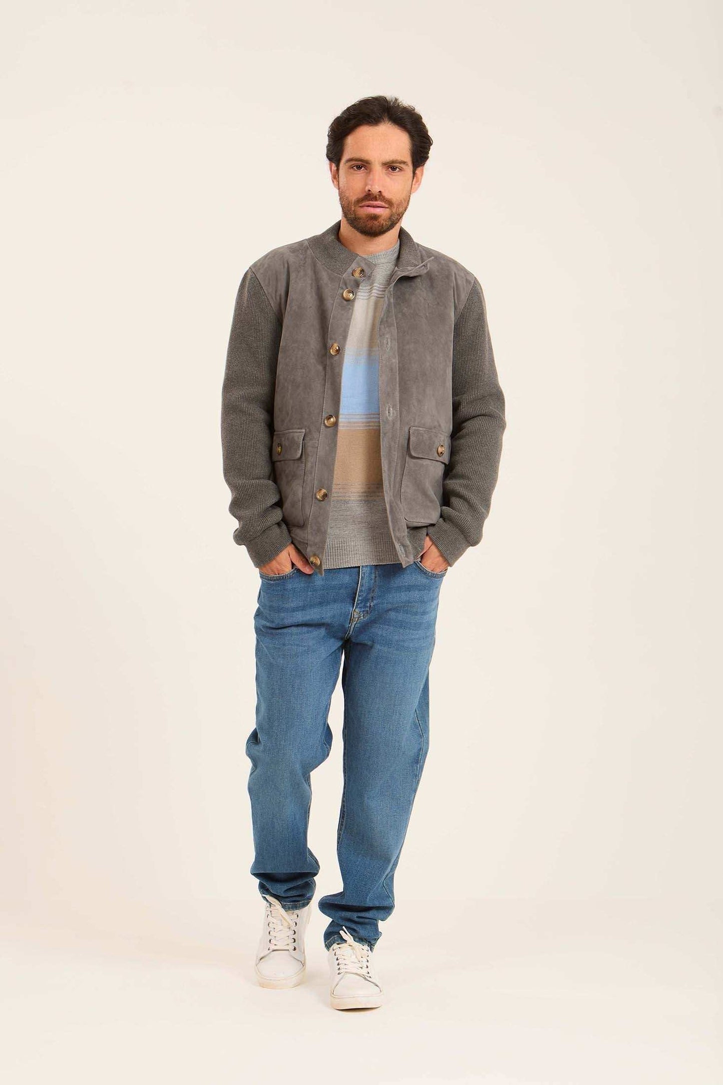 Men Suede Genuine Leather Jacket Grey