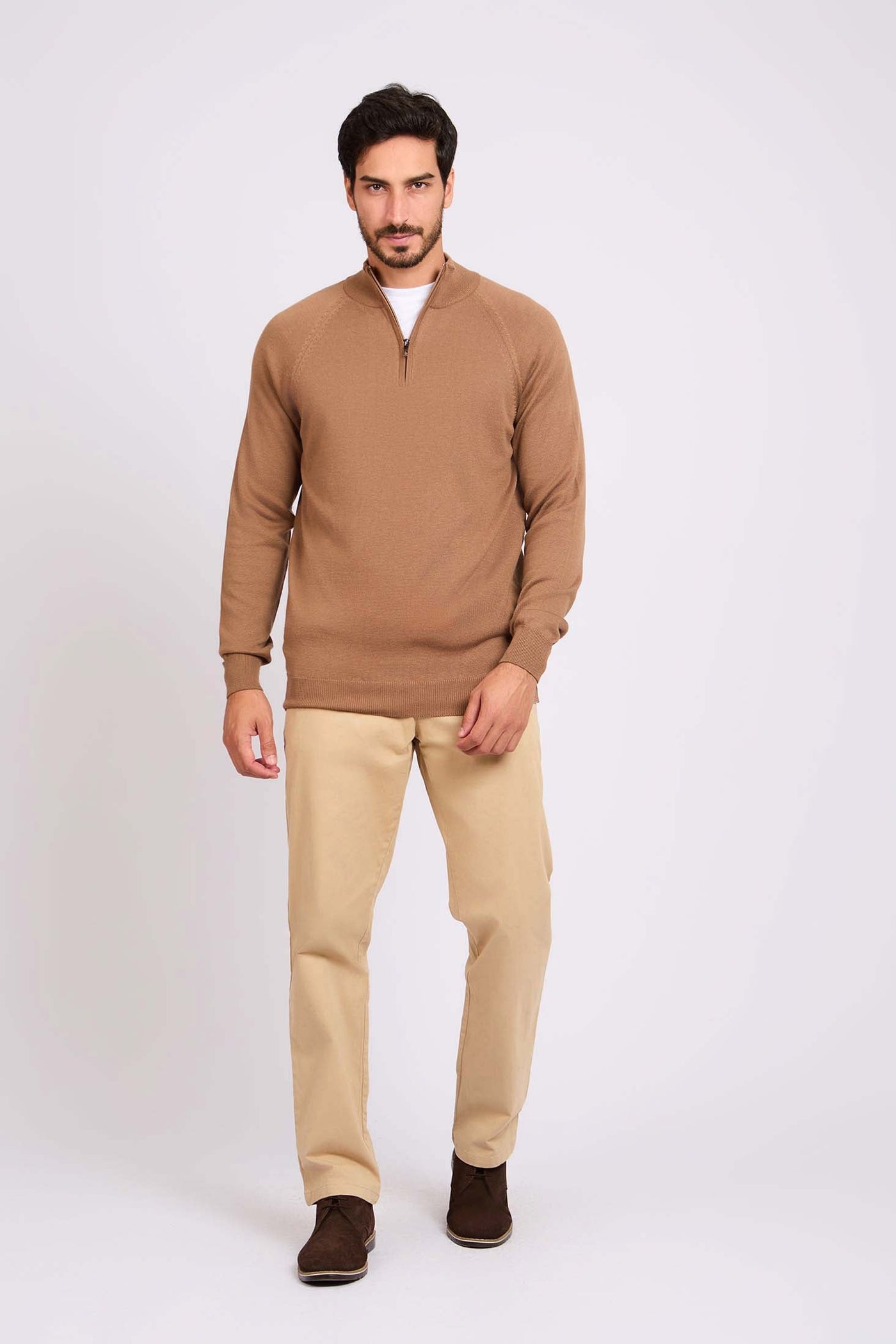 Men Quarter Zip Pullover - Brown