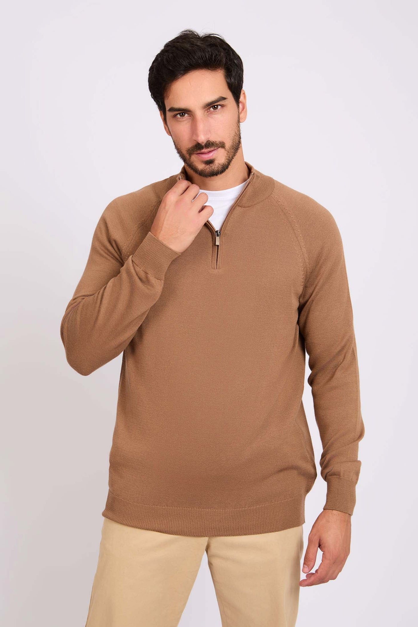 Men Quarter Zip Pullover - Brown